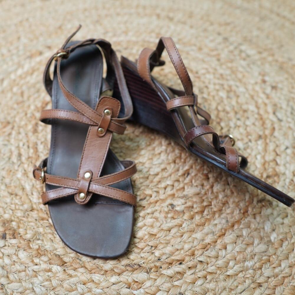 Solanz Leather Wedge Sandals Brown 8M